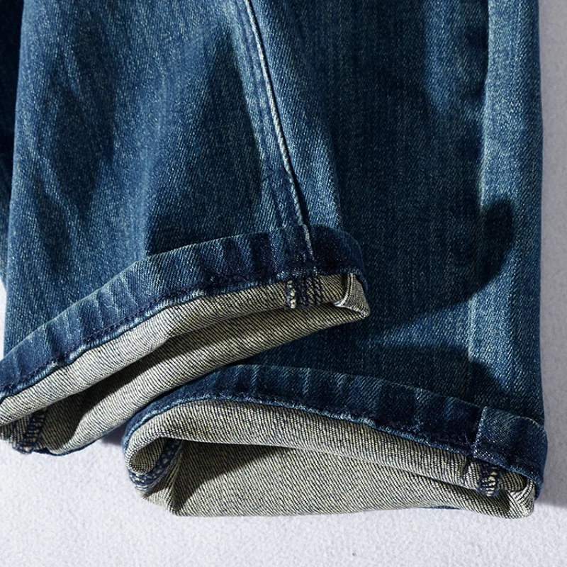 Vintage Jeans Men 's Straight Autumn and Winter Thickened Pants Men 's Distressed Stretch Denim Trousers