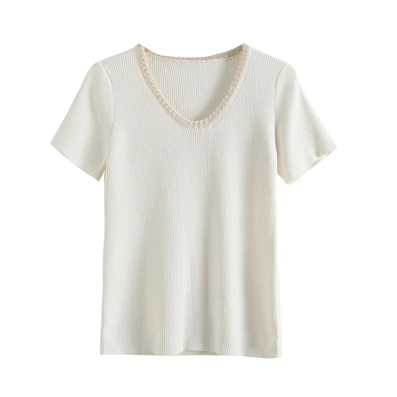 

TVVOVVIN Fashion Chain Short Sleeve V-neck T-shirt For Women Summer New Solid Color Slim Casual Knitting Tops IG3R