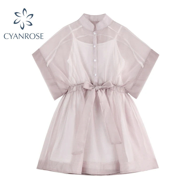 

2021 Summer Sweet Style Hollow Out Mesh Women Mini Dress Summer Fashion High Waist Lace Up Half High Collar Shirt Dress Lady