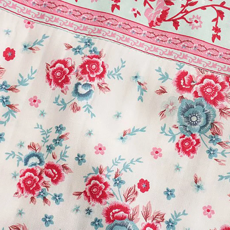 

2021 Summer Patchwork Single Breasted Button V-Neck A-Line Elastic Waist Flower Printing Casual Women Mini Dress Holiday Party