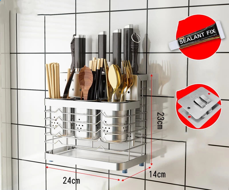 

304 Stainless Steel No Drilling Wall Mount Kitchen Storage Rack Knives Holder Cutlery Box Utensils Organizer Tableware Container