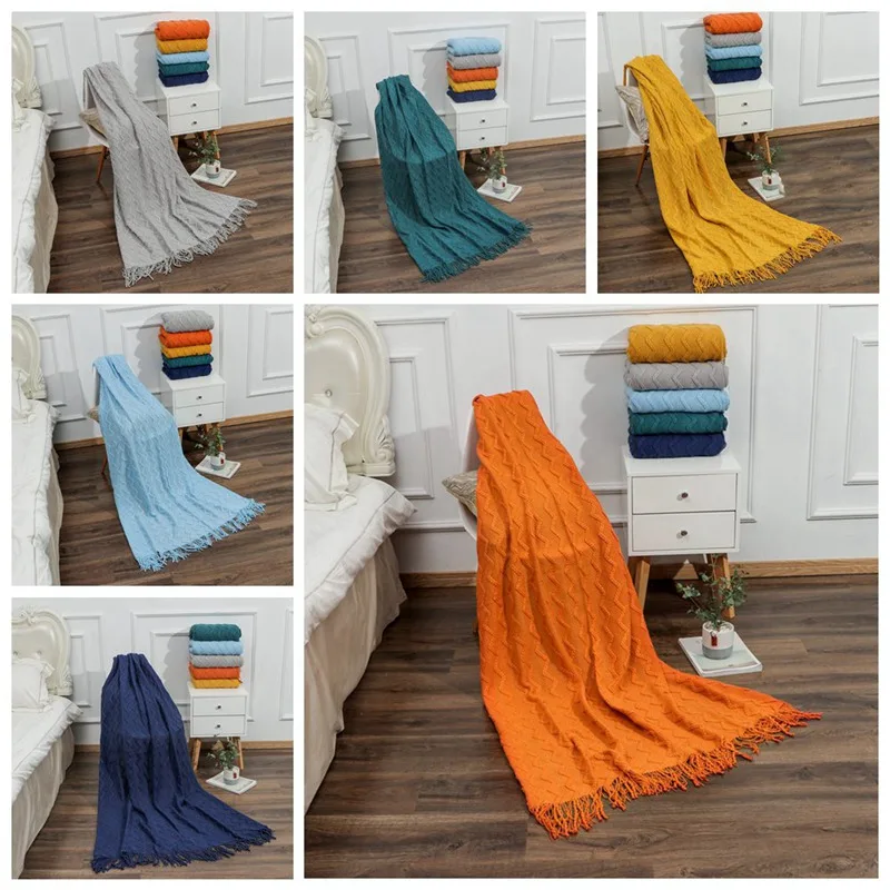 

127x173cm Water ripple Knitted Blanket Sofa Cushion Solid Color Double-sided Carpet For Living Room Home Travel Sofa Bed Blanket