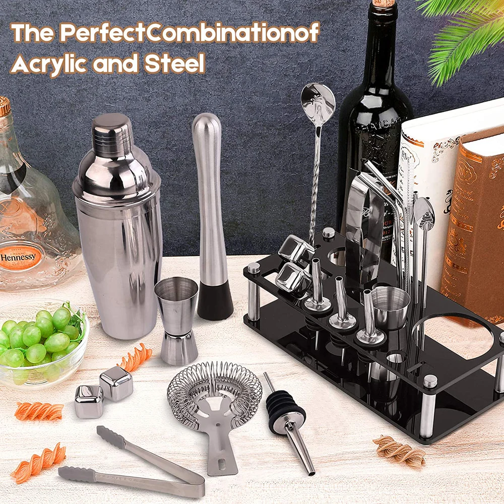 Kit de barman, juego de coctelera Boston con soporte acr&iacute;lico, cubo de hielo de acero inoxidable, para bebidas mezcladas, juego de herramientas de Martini Bar-3