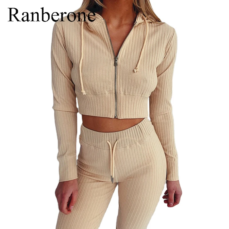 

2020 New Women's Tracksuit 2pcs Hoodies Crop Top Sweatshirt + Running Pants Sets Solid Color Zipper Gym Clothing Suits Female