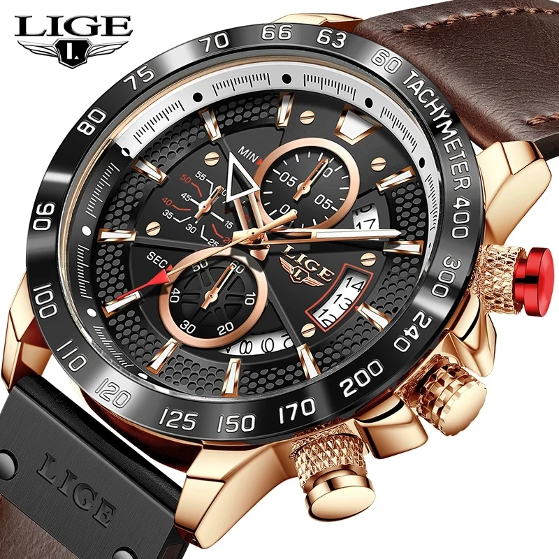 LIGE New Men Watches Luxury Brand Waterproof Sport Wrist Watch Men Chronograph Quartz Military Leather Relogio Masculino+Box