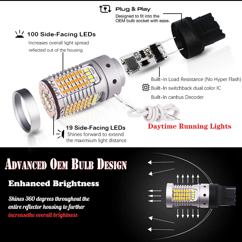No Hyper Flash white/Amber 7440 992A T20 LED Bulbs For 2018-up Toyota Camry L LE SE Hybrid Daytime Running/Turn Signal Light | Автомобили