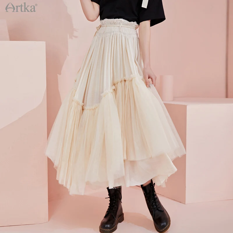 ARTKA 2021 Summer New Women Skirt Elegant Gauze Lace High Waist Long Skirts A-Line Elastic Waist White Pleated Skirt QA22114X