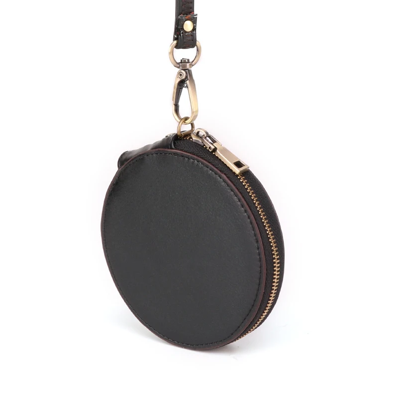 

Vintage Luxury Unisex Genuine Leather Round Coin Pouch Women's Purse Wallet with Wristlet Lanyard