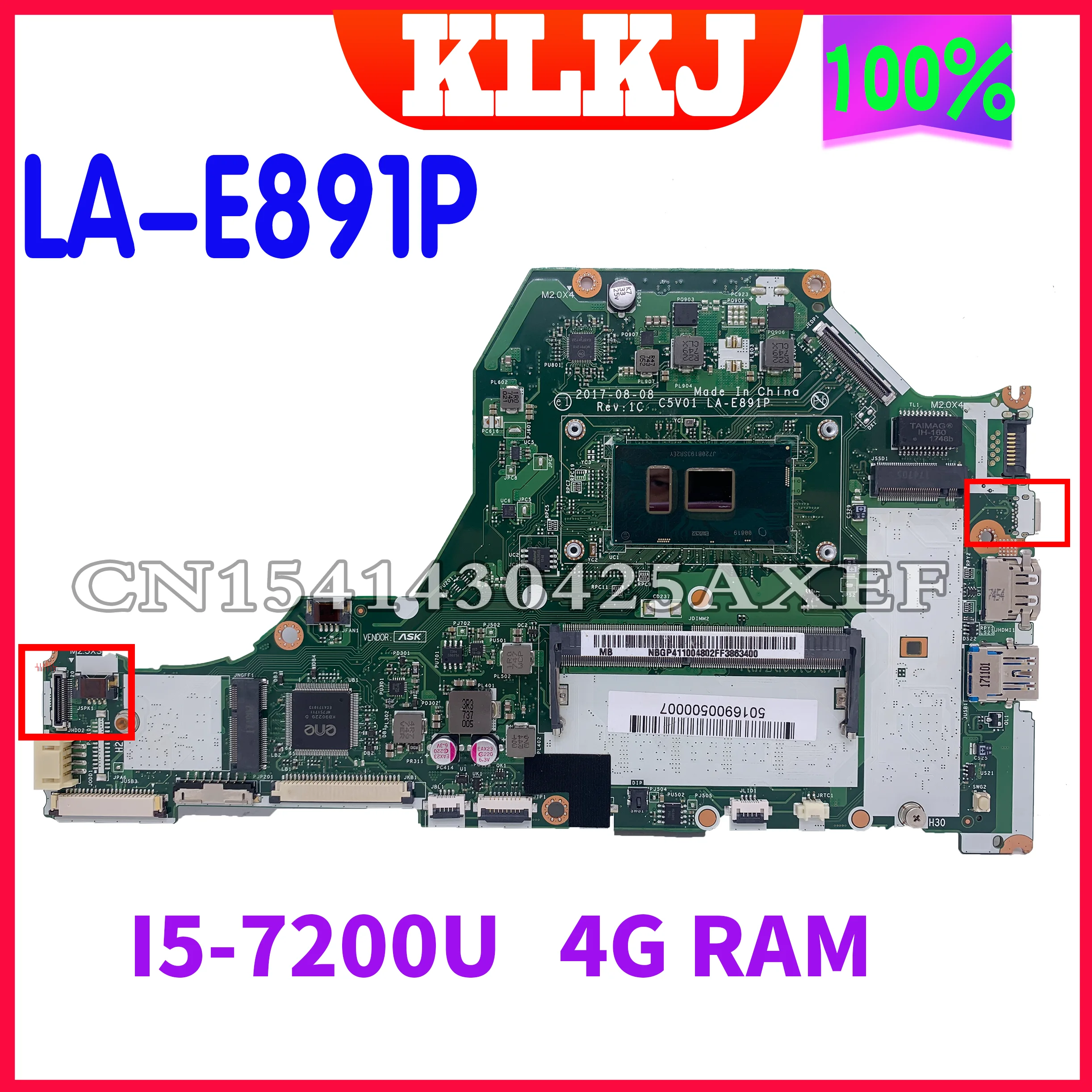 

C5V01 LA-E891P для Acer Aspire A315-53 A515-51 Женская материнская плата для ноутбука: A515-51G 4G/RAM работает хорошо