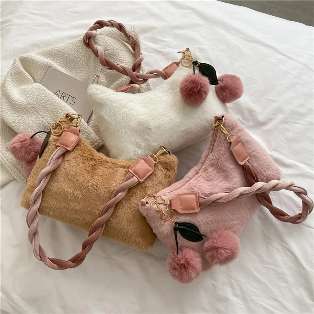 

Bags for Women Plush Faux Fur Bag Solid Color Armpit Shoulder Bag Autumn Winter Lady Zipper Small Brand Designer Handbags