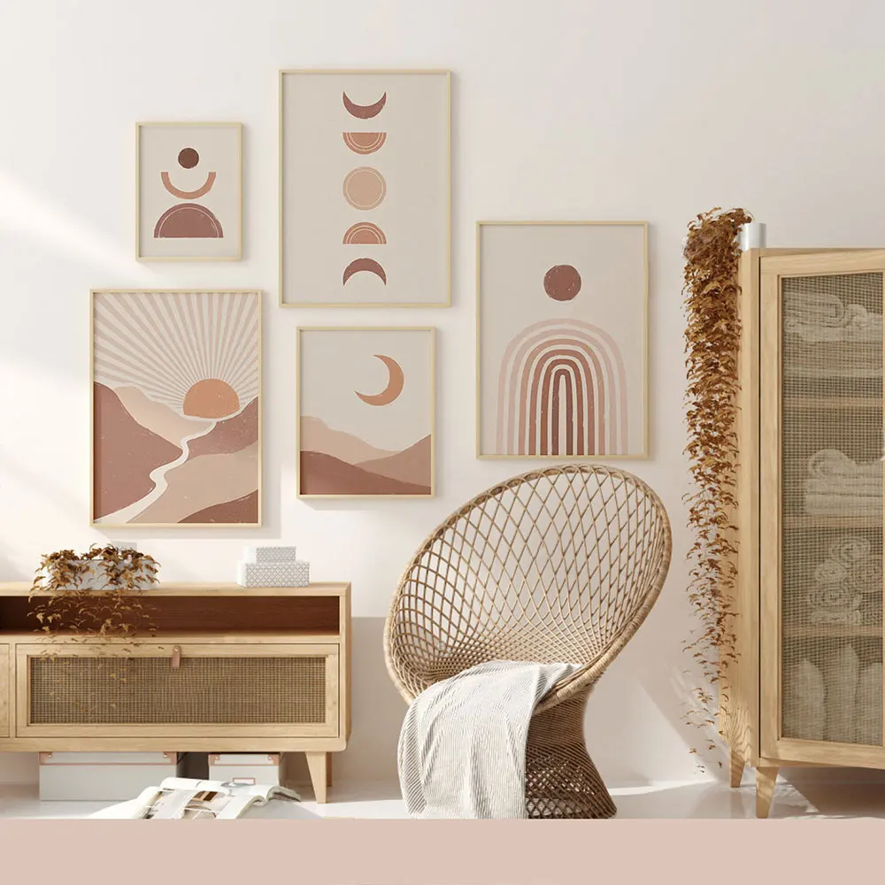 

Boho Art Abstract Landscape Modern Geometric Wall Art Terracotta Wall Art Print Moon Canvas Painting Decor for Home