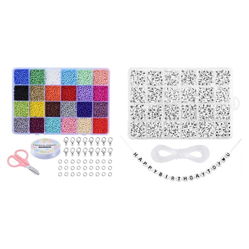 

1 Набор бусин для браслетов, 24 цвета 3 мм цветные маленькие стеклянные бусины и 1200 шт. искусственные акриловые 26 Английских Букв бусины
