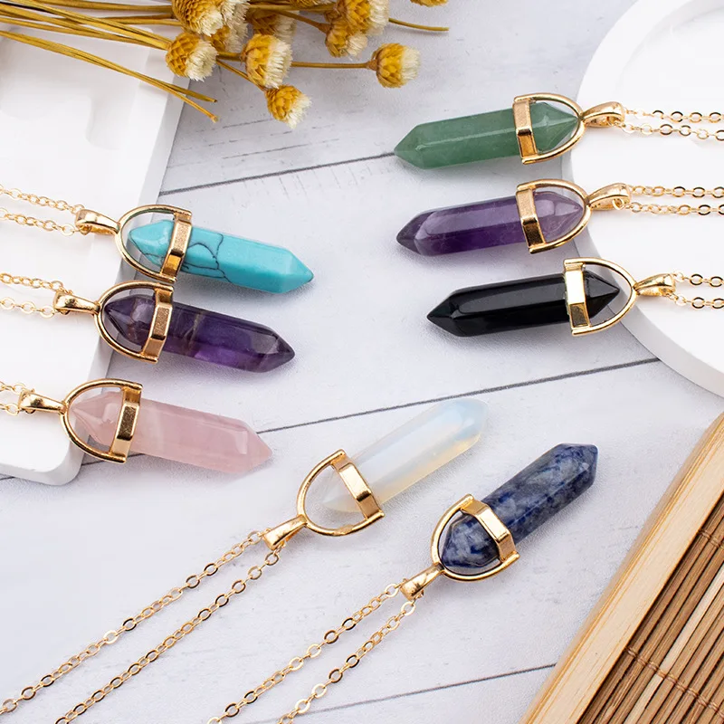 

Natural Stone Chakra Reiki Healing Hexagon Prism Opal Tiger's Eye Pink Quartz Crystal Pendulum Necklace