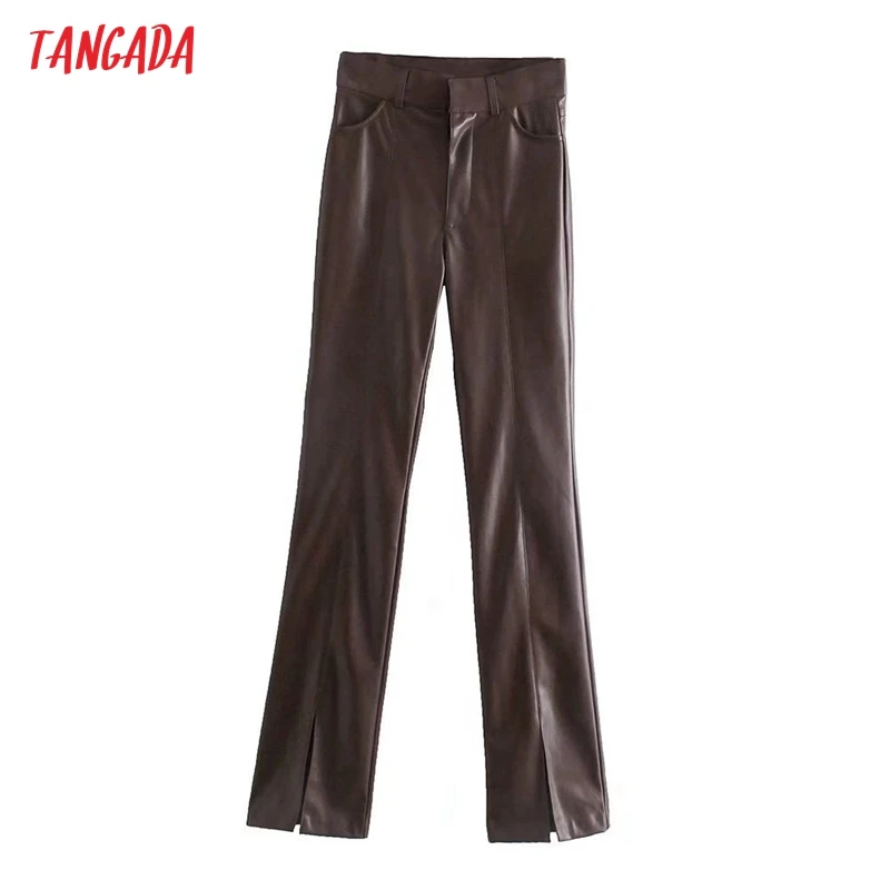

Tangada Women Coffee PU Leather Pants Zipper Female Autumn Winter Pencil Pants Trousers 3H915