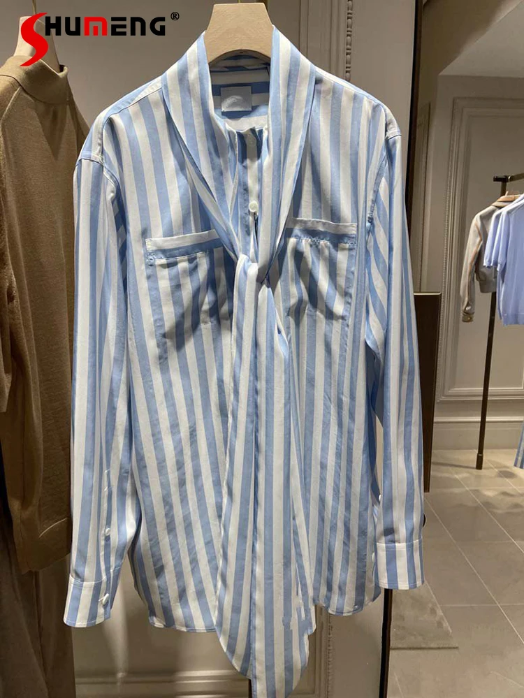 

French 2021 Autumn Winter New Bow Tie Striped Shirt Women's Fashion Office Lady Long Sleeve Top Tur-down Collar Buttoned Blouses