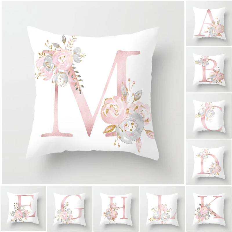 Розовый чехол в английском стиле с алфавитом и инициалами декоративная подушка
