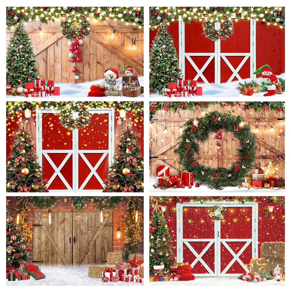 

Christmas Photography Backdrop Red Barn Wood Door Wreath Tree Gifts Toy Photocall Winter Snow Portrait Background Photo Studio
