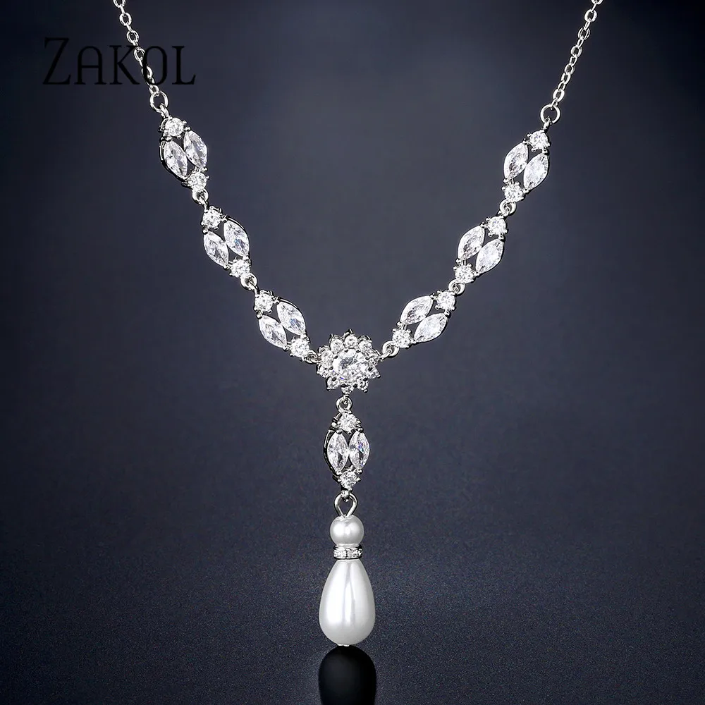 

ZAKOL Classic Shiny Water Drop Cubic Zirconia Pendant Necklace for Flowers Wedding Party Luxury Chain Necklaces