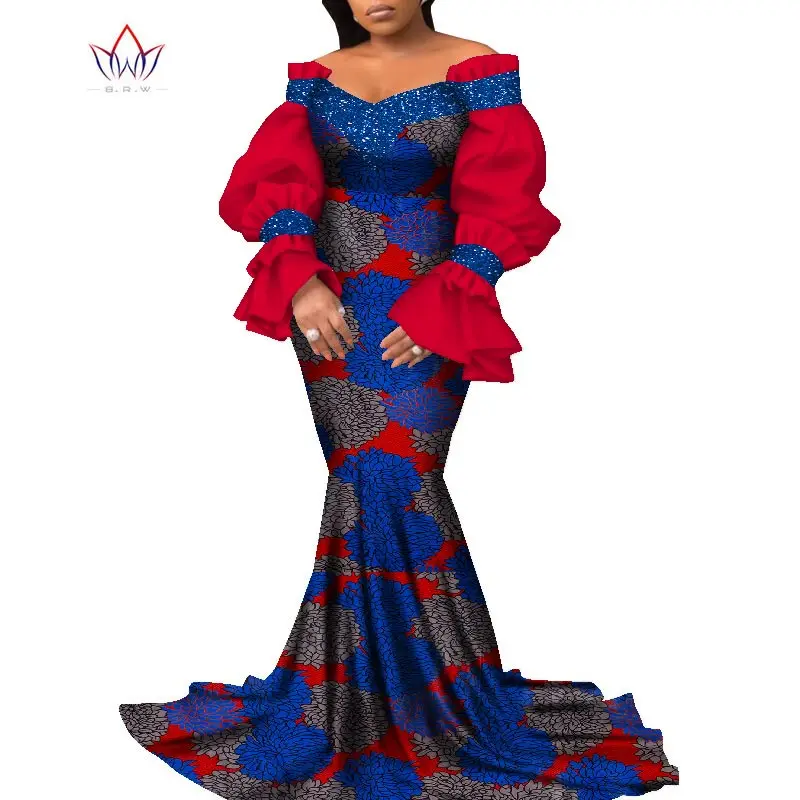 Bintarealwax Sexy Puff Sleeve Party Dress Elegant Africa Wax Print Vintage Dresses Women Strapless Floor- length Dress  WY8799