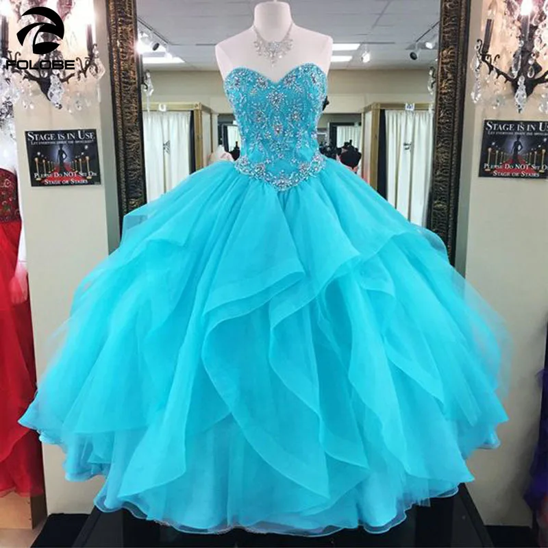 

2020 Blue Puffy Quinceanera Dresses Ball Gown Sweetheart Organza Beaded Crystals Ruffles Party Prom Dress Sweet 16 Dresses