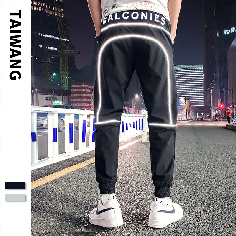

#7608 Summer Black Grey Hip Hop Pants Mens 3M Reflective Striped Japanese Streetwear Pencil Harem Pants Casual Thin Loose