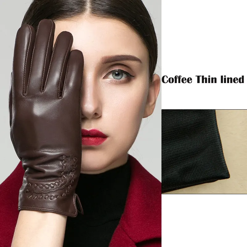coffee thin lined Перчатки из натуральной кожи женские зимние теплые бархатные утепленные высококачественные кожаные перчатки для вождения K2303 - Цвет: coffee thin lined