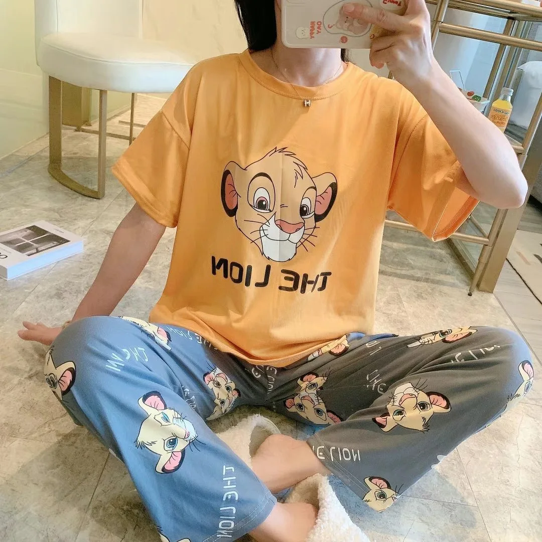 

Cute Cartoon Print Disney Pajama Set Loose Cozy Short Sleeve Sleepwear Simba Mickey Mouse Graphic Ensemble Femme 2 Pices Kawaii