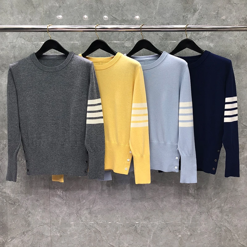 TB THOM Women's Sweater  Autunm Winter Fashion Brand Top Classic Wool 4-Bar Stripe Crew Neck Pullover Harajuku Blouse