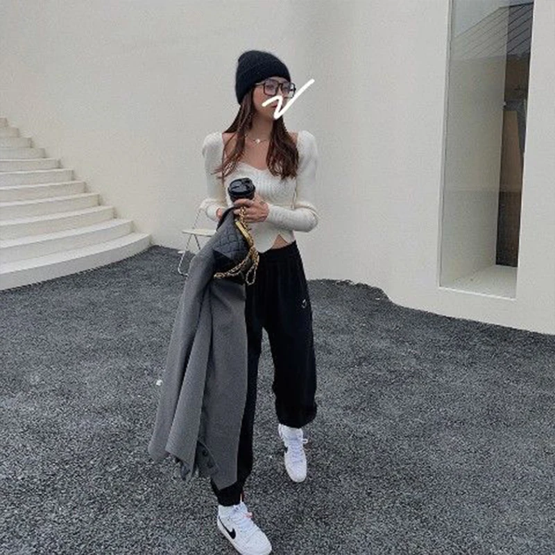 

Women's Autumn Winter Style Sports Pants Women's High Waist Elastic Waist Embroidery Pockets Thicker Full Length Pants KK0212