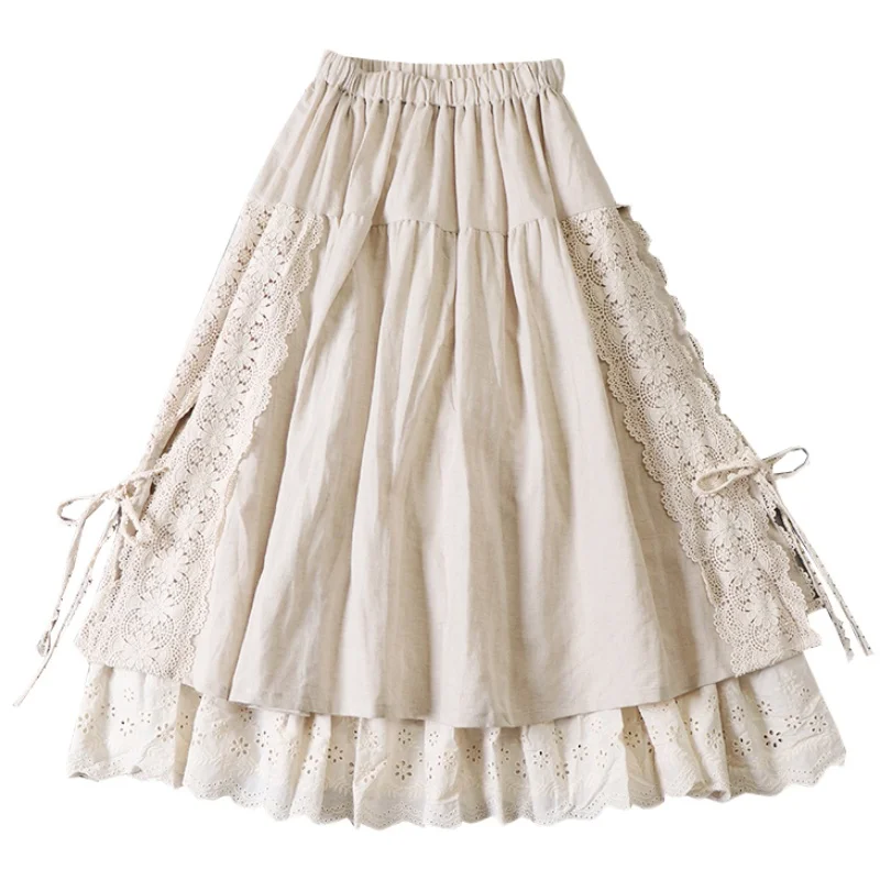 

Japan Style Mori Girl Lace Stitching Linen Skirt Literary Embroidery Double Lining Hollow Out A-Line Skirt Spring