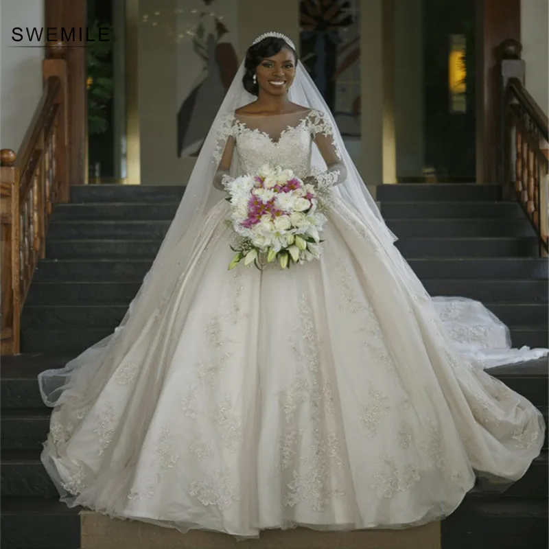 Vestido De novia De manga larga 2019 bata De Mariee vestidos De novia De encaje con cuentas De lujo noiva