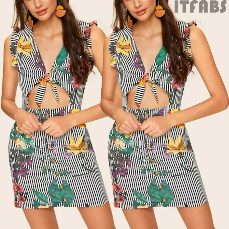 Women Summer Boho Print Sleeveless V-Neck High Waist Button Hollow Out Mini Dress Cocktail Party Sundress Beach Fashion | Женская одежда