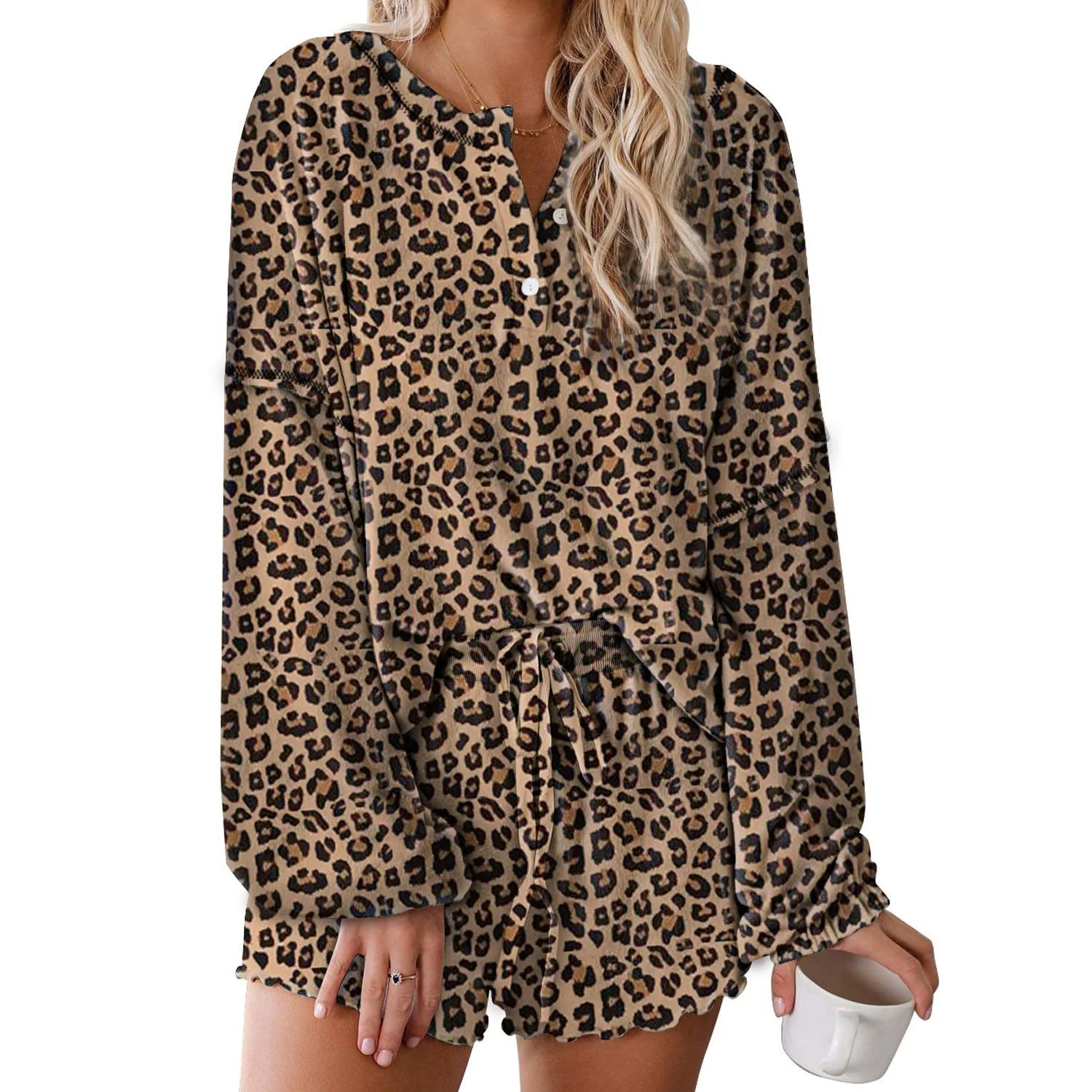 

Tie-Dye Pajamas for wome Long Sleeve Top Spring Female Autumn Shorts 2 Piece Set Women Fashion Button Outfits Homewear