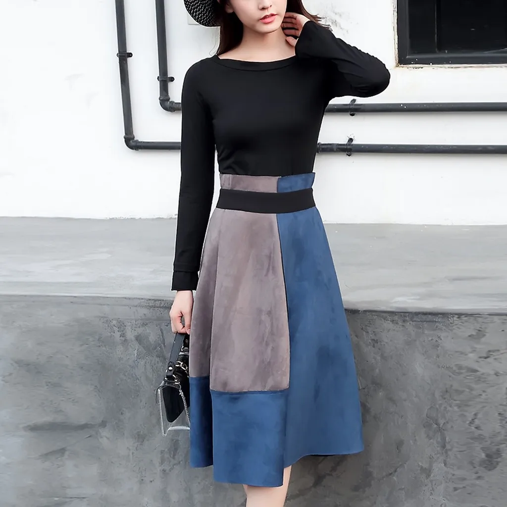 Женское платье с круглым вырезом рубашка длинным рукавом и юбка на молнии