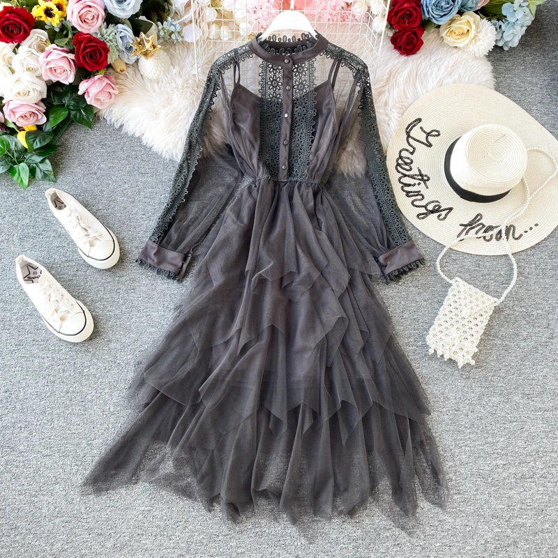 HISUMA 2020 spring New Women's lace Spliced mesh layer ruffles puff dress female elegant fairy irregular dresses two piece set | Женская