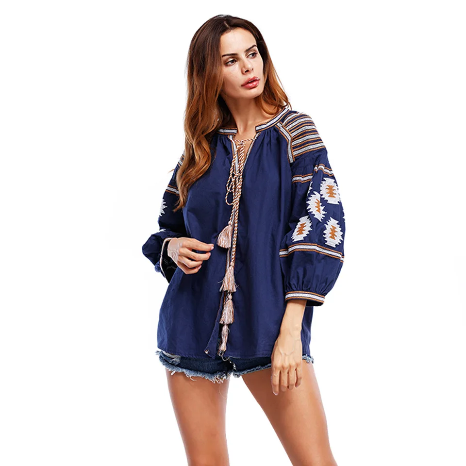 Рубашки в этническом стиле с цветочной вышивкой богемные льняные блузки