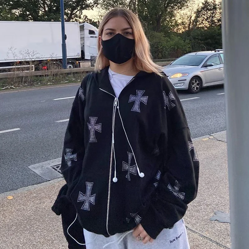 

Hoodies Women Autumn 2021 Harajuku Rhinestone Y2k Couple Clothes Hooded Sweatshirt 90s Hip Hop Plus Size Oversize Zipper Jacket