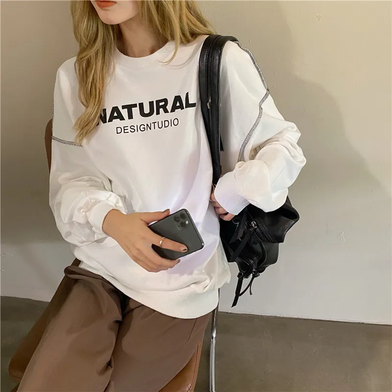 

2021 spring new women's sweatshirt Vintage simple fashion letter printing loose gray pullover sweatershirt top women trend