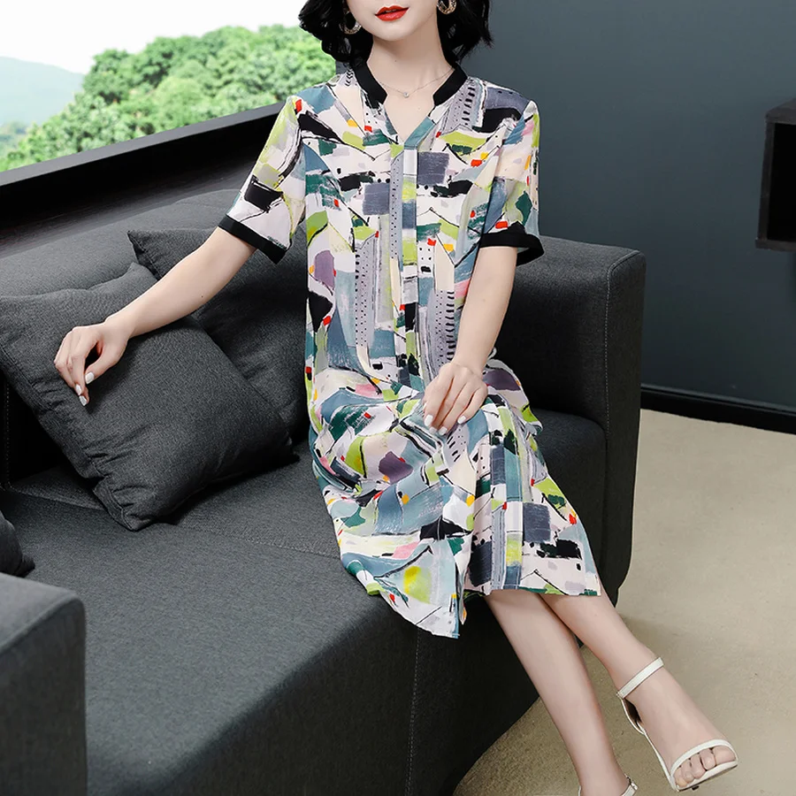 2021 с винтажным принтом шелк тутового шелкопряда сезон весна-лето Новинка: платье