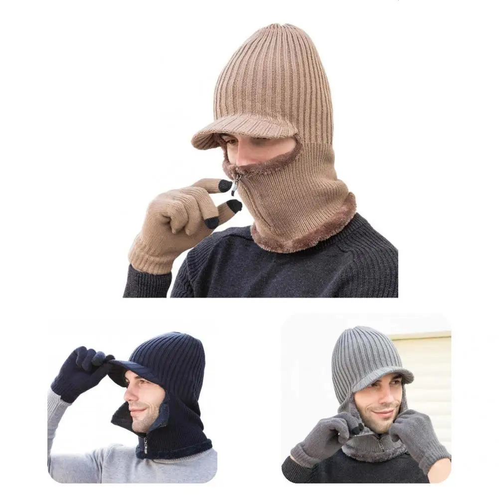 

Chic Soft Zipper Closure Men Wind Proof Beanies Hats Fleece Lining Gloves Knitted Hat Gloves Fleece Lining Gloves 1 Set