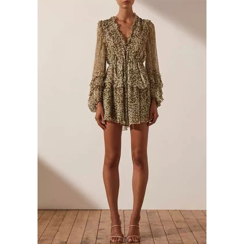 

SHO@JOY V-neck Ruffled Vintage Olive Green Floral Print Silk-blend Mini Dress