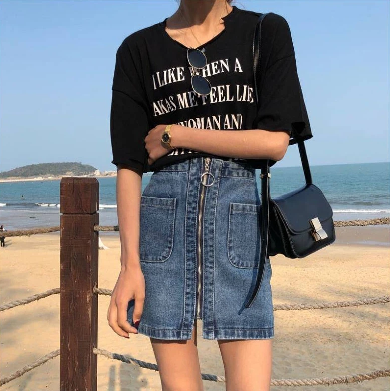 Женская джинсовая мини юбка на молнии синяя Повседневная трапециевидная с