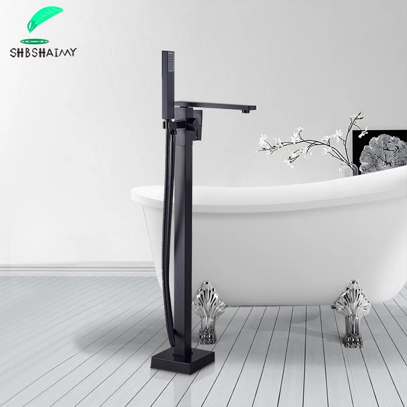 

SHBSHAIMY Matte Black Floor Standing Bathroom Bathtub Faucet with Handshower Hot and Cold Water Mixer Gold Floor Mounted Taps