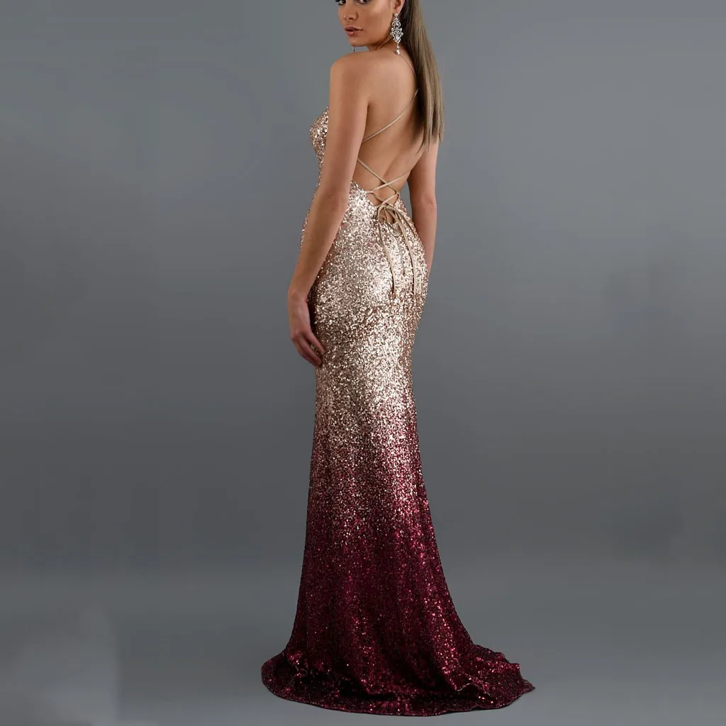 Сексуальные вечерние платья макси с блестками стрейч длина до пола темно-синее