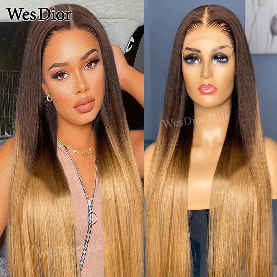 Ombre Blonde Lace Human Hair Wigs Brazilian Straight Remy Hair Lace Part Wig For Women Pre-plucked With Baby Hair 180% Density