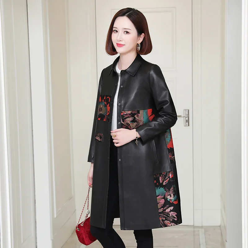 Mother Print Flower Genuine Leather Coats Long Women Long Sleeves Black Slim 4XL Real Sheep Fur Winter Overcoats Windbreaker