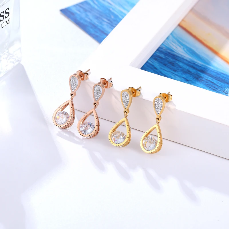 Water Drop Shape Crystal Drop Earrings in Stainless Steel - Beautiful Gold and Rose Gold Color Jewelry for Weddings and Gifts image 4