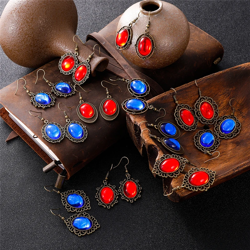 Винтаж Богемия очаровывает серьги ретро каплевидные синий красный камень кулон