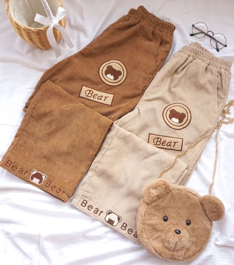 

Japanese Sweet Preppy Style Cute Soft Sister Straight Corduroy Pants Kawaii Cartoon Bear Embroidery Straight Pants Students Girl