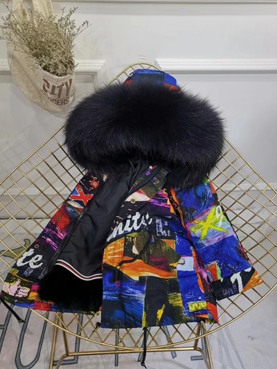 Purple Black Fur Children Winter Jacket Graffiti Boys Girls Real Fur Coat Thick Warm Rabbit Fur Kids Jacket Coat Furry Natural Fur Collar TZ428 - Цвет: Purple Black Fur